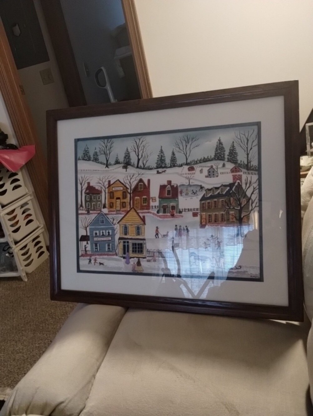 Hand Painted Frame Glass Picture " First Snow" By Marie Metz Sz 17.5 By 21.5